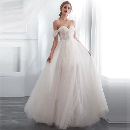 Weilinsha Sweetheart Off the Shoulder Appliques Wedding Dresses 2020 White Dresses Lace-Up Open Back Soft Tulle Bridal Gowns