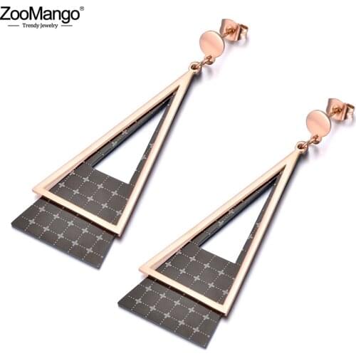 ZooMango Hyperbole Double Layer Stainless Steel Geometry Triangle Earrings For Women Rose Gold OL Style Earrings Jewelry ZE19060