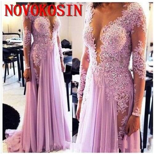 2020 Arabic Long Sleeves Split Chiffon Pink Evening Dresses Wear Jewel Neck Illusion Lace Appliques Crystal Formal Prom Gowns