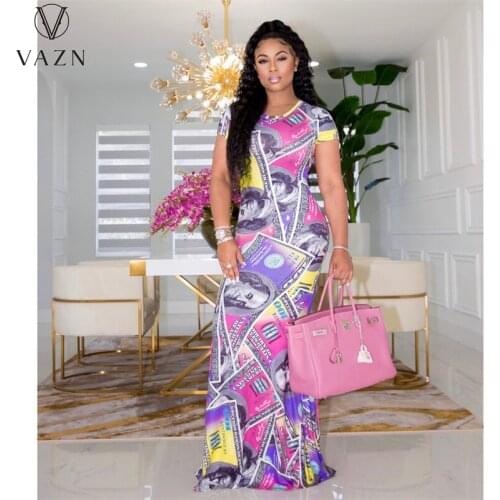 VAZN 2021 Short Sleeve O-neck Print Formal Elegant Maxi Dresses Sexy Club Birthday Dress Women Elegant Fashion Female Dress