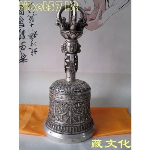 380mm Old Flower uddhist bronze coated silver bell with buddha face dorje tibetan symbol real Tibetan Silver Brassroom