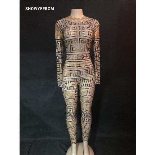 Sparkly Crystals Nude Jumpsuit Stretch Stones Outfit Celebrate Bright Rhinestones Bodysuit Costume Female Singer Birthday Dress