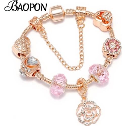 Silver Plated Romantic Rose Pendant Charm Bracelets With Flower Beads Bracelets Bangles for Women Couple Wedding Vintage Jewelry
