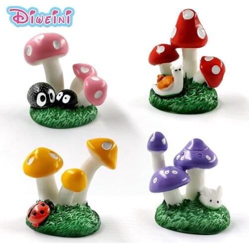 4pcs Snail Ladybug Rabbit Mushroom Tree Resin Action Figure Model Figurine Birthday Cake Decoration Toy Set Doll House Gift Kids