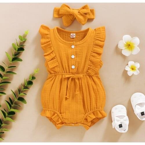 Summer Baby Girls Romper + Headband Cotton Linen Ruffles Sleeveless Infant Rompers Newborn Baby Clothes