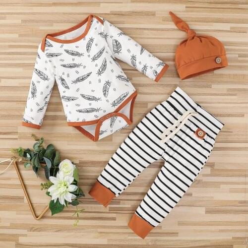 Fashion Newborn Baby Clothing 3Pcs Feather Romper +Stripe Pants Outfits Inafant Baby Long Sleeve Spring Autumn Clothes with Hat