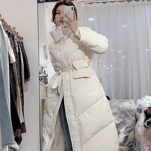 Fashion Long Winter Down Coats Women Thin Slim Down Parka Womens White Duck Down Coats Jackets Ladies Wild Slim Jacket With Belt