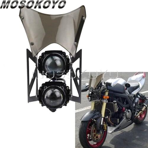 Motorcycle Dirt Bike Custom Twin Headlight Projector Front Lamp with Bracket Wind Screen for Honda Yamaha Suzuki Kawasaki