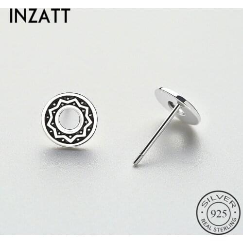 INZATT Vintage Thai Silver Sun Flower Hollow Round Stud Earrings 925 Sterling Silver Fine Jewelry Gothic Accessories For Men