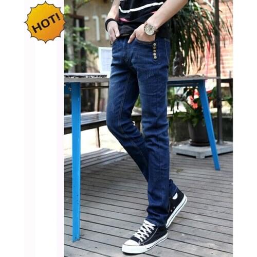 NEW 2020 Indoor Casual metal Button Solid Blue Slim Fit Washing denim Slim Fit pantalon homme Teenagers trousers Men