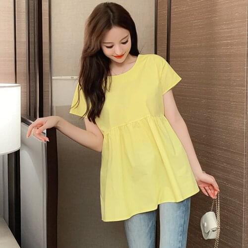 New Round Collar Loose Tie Bow Short-Sleeves Shirts Ruffled Tops Sweet Girl Loose Shirt Casual Candy Color Tops Plus Size M-8XL