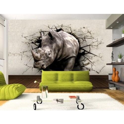 Custom 3D stereoscopic wallpaper,Rhino hole in the wall,photo murals for bedroom, living room cafe backdrop waterproof wallpaper
