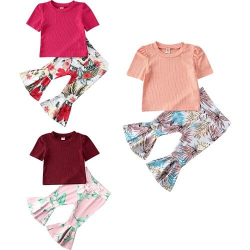 1-4Y Toddler Kid Baby Girl Floral Clothes Short Sleeve Puff Sleeve Top +Floral Print Flared Pants 2pcs Outfit