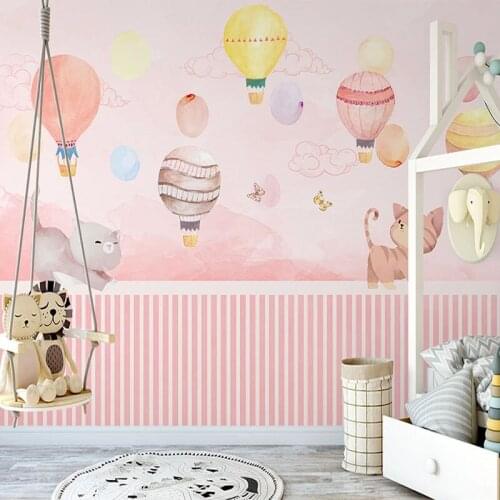 Dropship Custom Photo 3D Cartoon Cat Hot Air Balloon Princess Room Children Room Bedroom Walpaper Pink Wallpaper Mural Decor