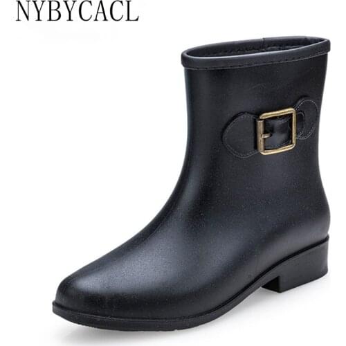 Women Fashion PVC Mid-calf Rain Boots Buckle Female Non-slip Flat Heels Rainboots Waterproof Woman Water Shoes Rubber overshoes