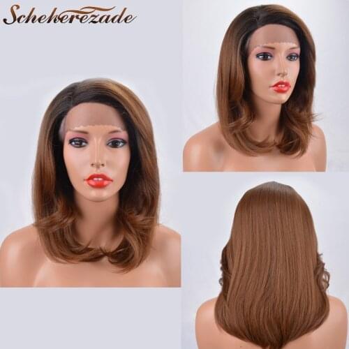 Scheherezade Side Part Lace Front Wig For Black Women Ombre Dark Brown Synthetic Lace Front Wigs Heat Resistant Fiber Party Wigs