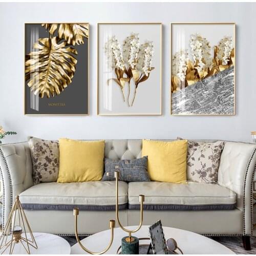 Nordic Golden Abstract Leaf Flower Canvas Painting Black White Feathers Poster and Prints Wall Art Picture for Living Room Decor
