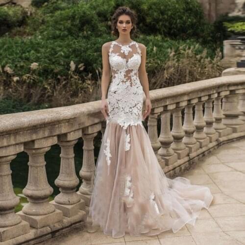 Champagne Mermaid Wedding Dresses 2021 White Applique Tulle Bridal Gowns O Neck See Through Vintage Sweep Train Vestido De Noiva
