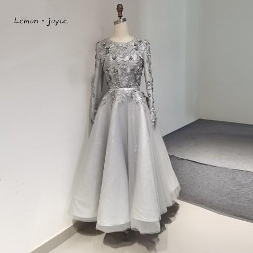 Evening Dresses Design 2021 O-Neck AppIiques With Pearts A-Line Long Sleeves Formal Dress Gown For Woman Lemonjoyce