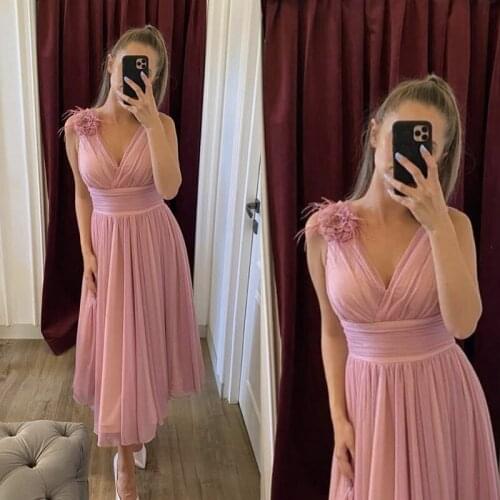 Gorgeous Simple Cheap Deep V Neck Pink Chiffon Wedding Guest Dress Bridesmaid Dresses For Junior Girls