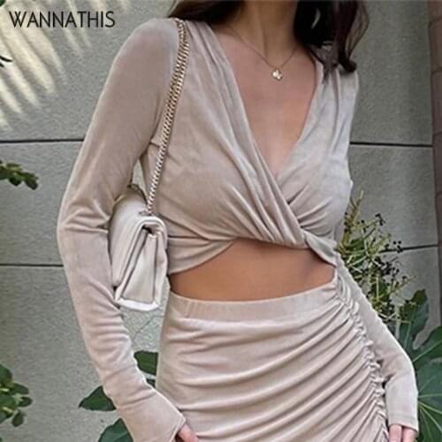 WannaThis Two Piece Set Women Summer Mid-Length Skirts Women Twist Crop Top Sexy Pary Outfit Elegant Irregulr Mermaid Skirt Sets