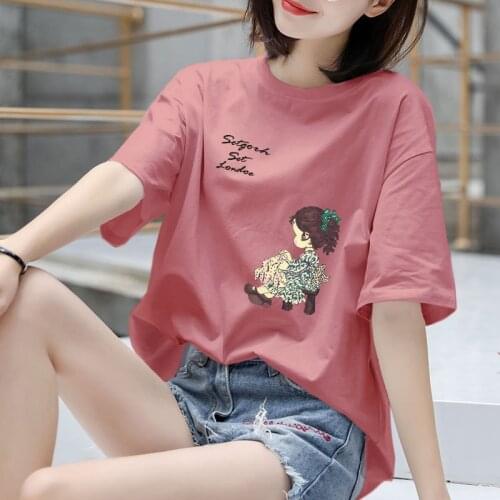 Fat mm plus-size cotton short sleeve T-shirt female summer new easing show thin cartoon printed 200 jins half sleeve blouse