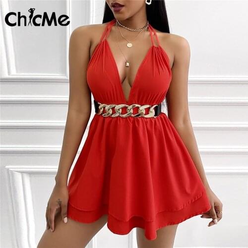 Chicme Women Plain Ruffles Hem Backless Halter Dress Deep V Neck A Line Sleeveless Mini Red Dress Sexy Nightclub Party Wear