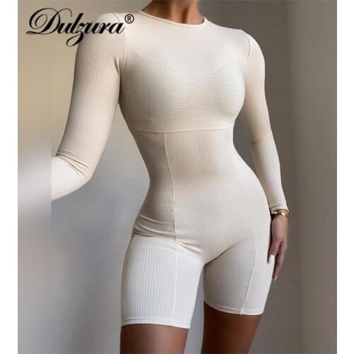 Dulzura Ribbed Knitted Patchwork Women Long Sleeve Playsuit O Neck Bodycon Sexy Streetwear Skinny Club Sporty Solid Romper