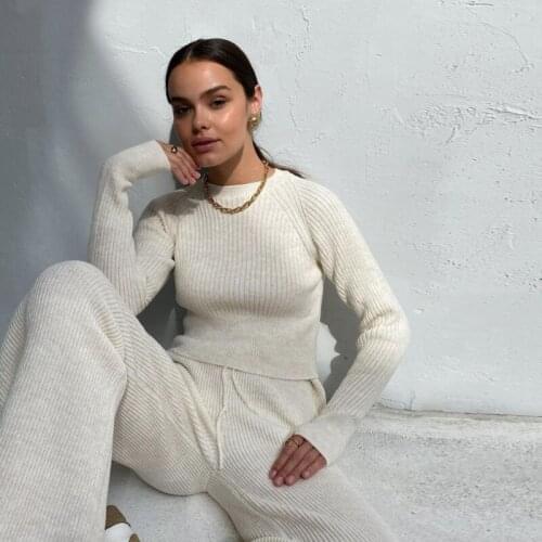 2021 Womens Knitted Sweater Solid Color Round Neck Long Sleeve Outfits Y2K Casual Striped Suit Warm Two Piece Sets Tracksuit