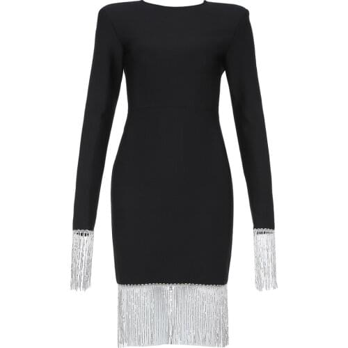 2021 New Arrival Elegant Women Dress Black Tasel Long Sleeve O Neck Ladies Clothing Bodycon Sexy Bandage Dress