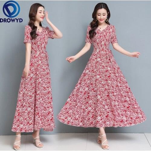 2021 Summer Boho Beach Maxi Dress for Women Fashion V-neck Short Sleeve Flower Printed Chiffon Long Dress Elegant Party Vestidos