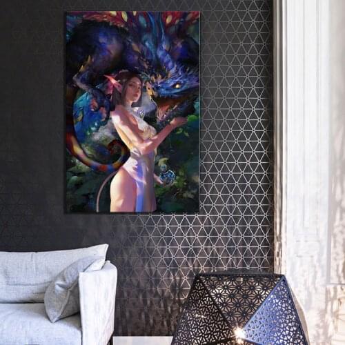 1pcs Game Night Elf Girl and Dragon World of Warcraft (WOW) Game Poster Wall Art Painting for Living Room Wall