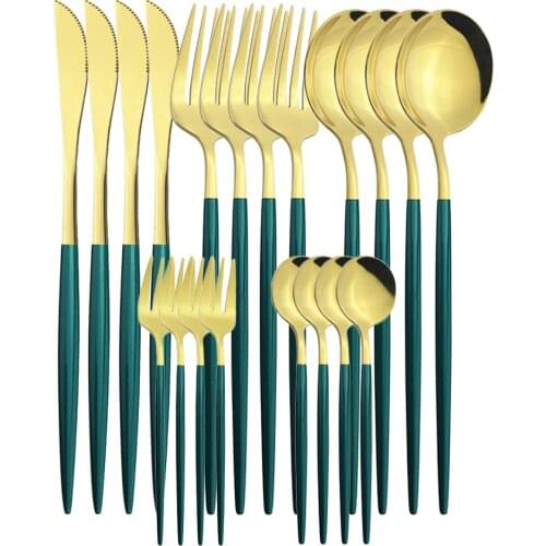 5Pcs/Set Green Gold Flatware Cutlery Set Stainless Steel Dinnerware Kitchen Silverware Knives Cake Forks Tea Spoon Tableware Set