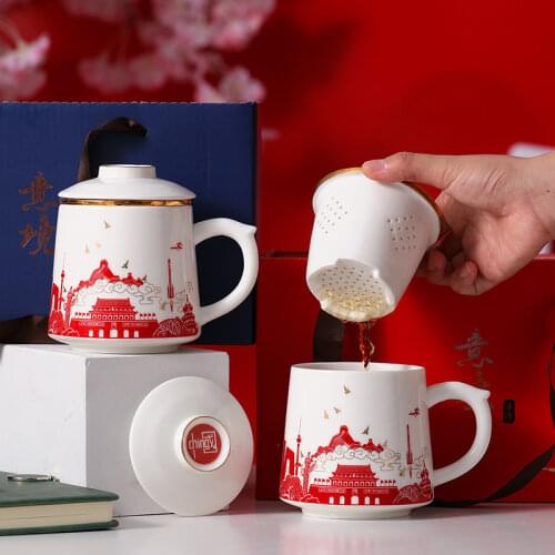White Ceramic Mark Tea Cup Three-piece Filter Tea Combo Set High Water Cup Handmade Painting Holiday Gifts