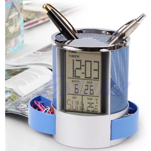 Digital LCD Desk ALarm Clock & Mesh Rulers Pen Pencil Holder Time Temp Calendar