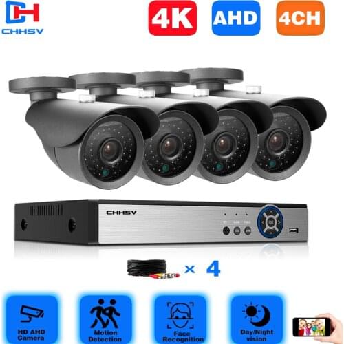 CHHSV CCTV Security Camera System 4CH 6 in 1 AHD TVI CVI CCTV Kit 8MP Indoor Outdoor Weatherproof Surveillance Camera System