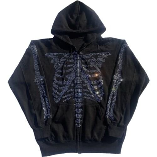 E-girl Gothic Diamonds Skeleton Jacket Coat Zip Up Hooded Autumn Black Brown Sweatshirt Women Vintage Harajuku Punk Streetwear