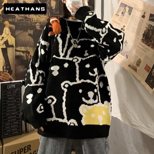 Fashion Mens Pullovers Sweater Kawaii Bear Pattern Round Collar Long Sleeve Pullover Knitwear Loose Casual Streetwear Men Tops