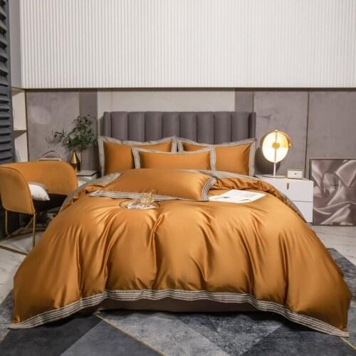 Luxury Soft 600TC Egyptian Cotton Golden Duvet Cover Set with Stripe Embroidery Hotel Bedding Set Easy Care Bed Sheet Pillowcase