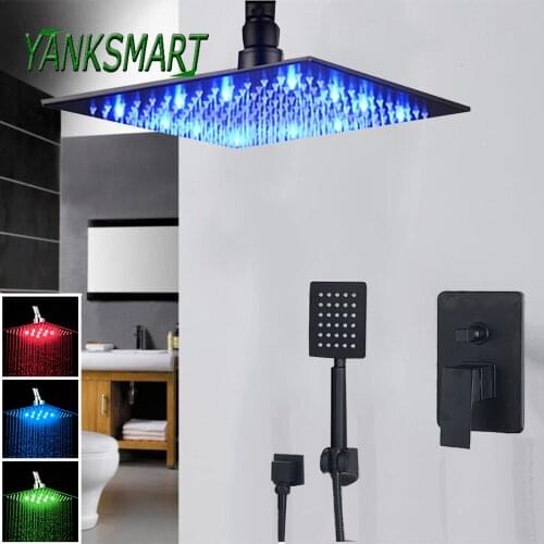 YANKSMART LED Blacked Bathroom Shower Faucet Sets Ceiling Mounted 8/12/16 Inch Shower Head Rainfall Showerhand Mixer Water Tap