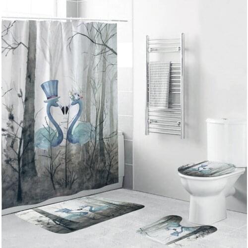 Forest Two Swans Fabric Shower Curtain Bathroom Curtains Set Printed Carpet Toilet Cover Rugs Bath Mat Pad for Home Decor