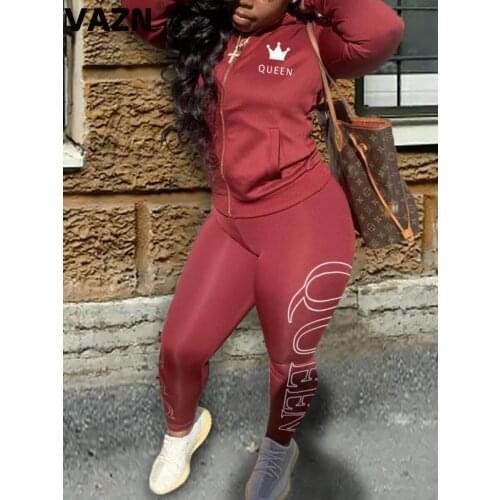 VAZN 2021 Top Quality Plus Size Young Casual Daily Tracksuits Red Free Soft Full Sleeve Top Long Pants Skinny Women 2 Piece Set