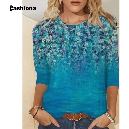 Plus size 3xl Women Elegant Leisure Casual T-shirt Flower Print Tops Long Sleeve Womens Clothing 2021 Summer Tees shirt Femme