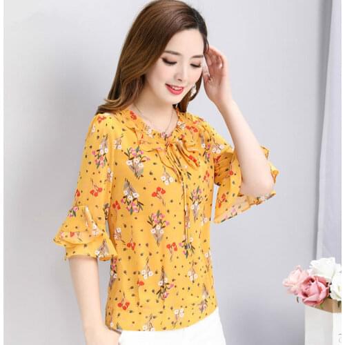 Women Spring Summer Style Chiffon Blouses Shirts lady Casual Short Flare Sleeve Flower Printed O-Neck Blusas Tops DF2651