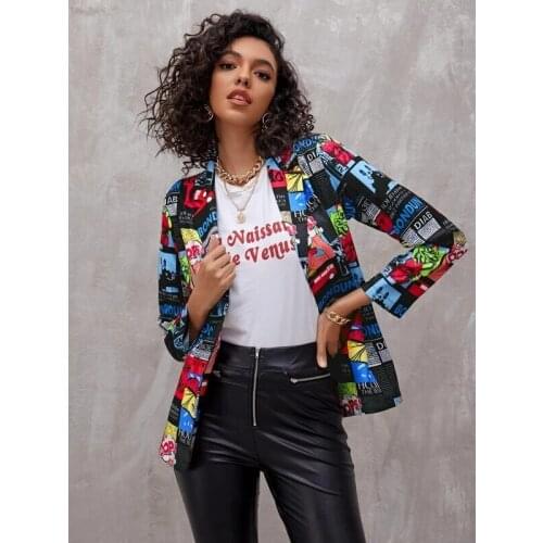 Women Newspaper Print Fashion Single Button Blazers Coat Vintage Long Sleeve High Street Female Outerwear Chic Tops Trendy