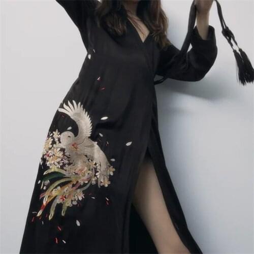 Women 2021 Chic Fashion Tied Belt Embroidery Kimono Midi Dress Vintage Wrap V Neck Long Sleeve Female Dresses Vestidos