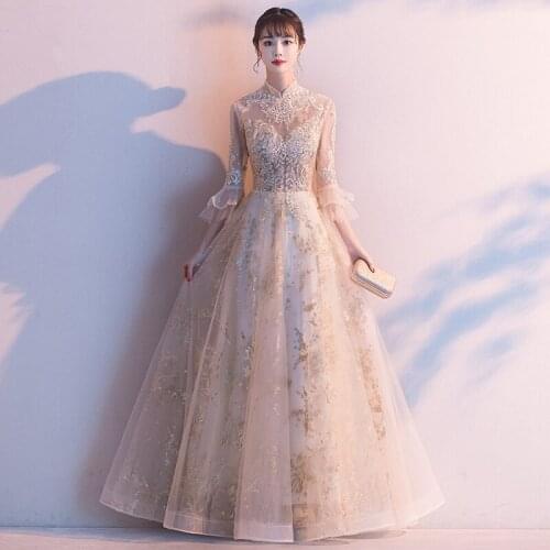 Sexy Lace Flared Sleeves Embroidery Applique A-Line Evening Dress Women Back Zipper Formal Gowns Robe De Soiree Cheongsam 3XL