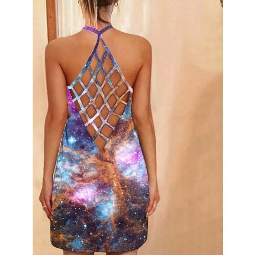 Women Hollow Out Backless Mini Dress Summer V-Neck Sleeveless Vintage Off Shoulder Ladies Dress Printed Slim Female Dress D30