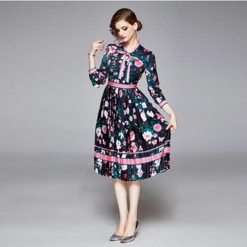 Women Long Sleeve Floral Print Vintage Dress 2020 Spring Elegant Bow Collar Party Casual Pleated Midi Dress Vestidos Robe k5858