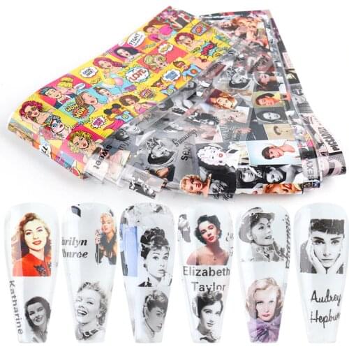 10pcs Foil Nail Art Sticker Star Monroe Hepburn Pattern Adehesive Transfer Paper Wraps Decals Manicuring Decoration LA6210